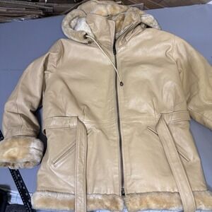 Vintage 2 XL Leather Fur Trim Shearling Belted Coat Tan Marcia Collection